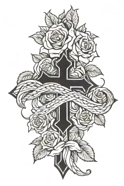Cross With Roses And A Snake Wrapped Around The Cross