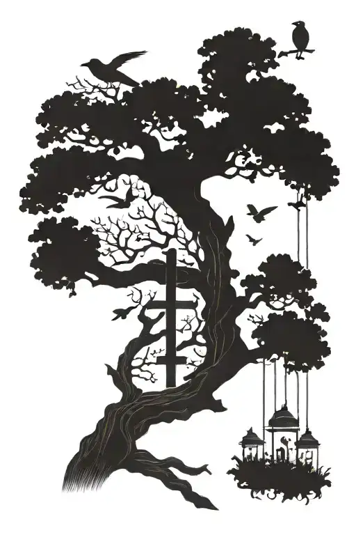Poison Tree Growing With A Cross Wrapped Tightly And Birds Flying Over