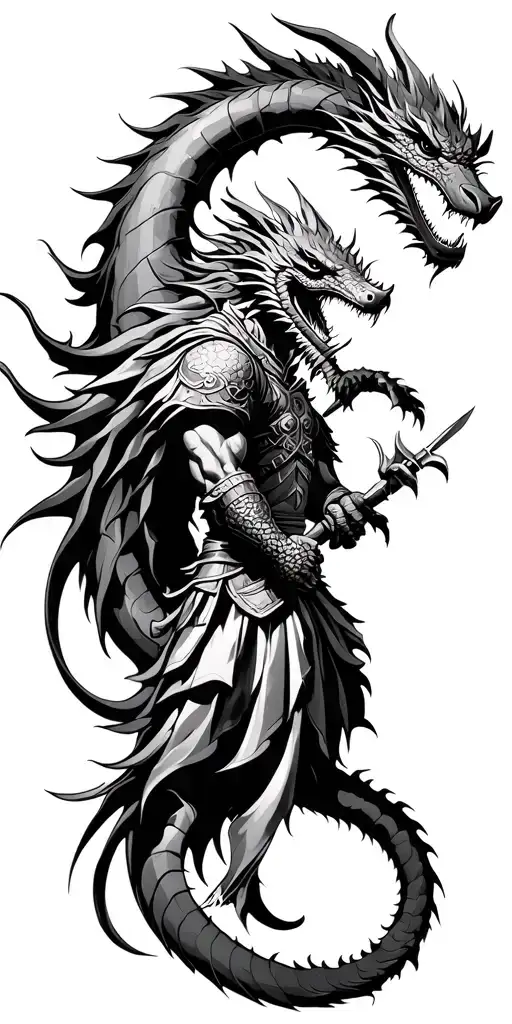 Warrior Battling A Dragon Tattoo Design Featuring