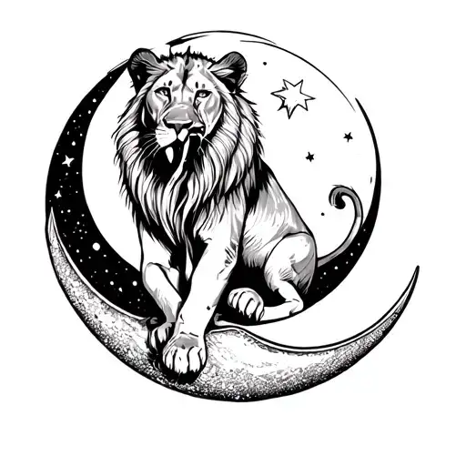 Lioness Licks Her Paw And Sits On The Moon Surrounded