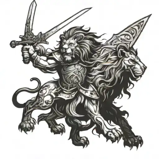 Lion And A Warrior Wielding A Sword