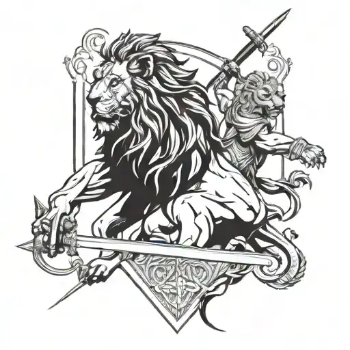Lion And A Warrior Wielding A Sword