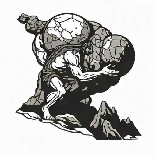 Sisyphus Pushing Stone Up Mountain