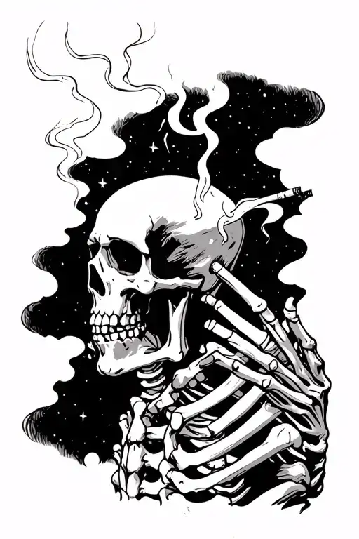 Skeleton Staring At The Night Sky While Smoking A Cigarette