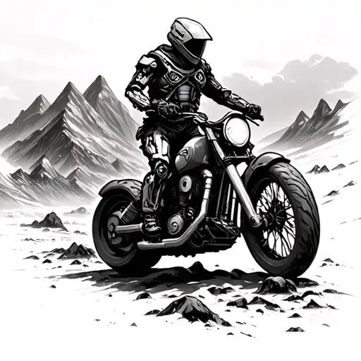 A Cyborg Biker Exploring A Post-apocalyptic Mountain Landscape