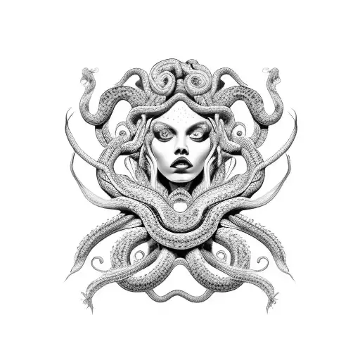 A Fierce Medusa With Intricate Details And Snakes Flowing Around Her Head