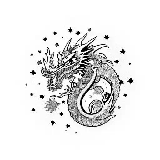 A Dragon Flying Through A Galaxy Filled With Stars