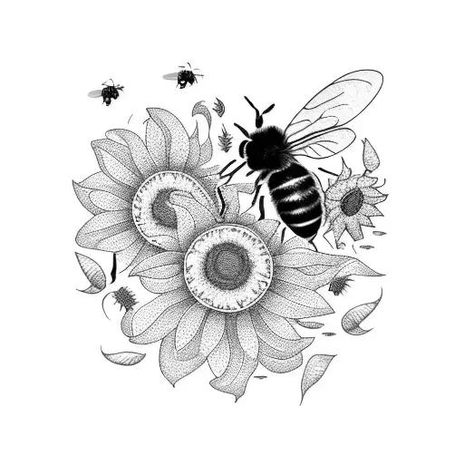 A Blackwork Tattoo Of A Bee Hive With Sunflowers Growing Around It