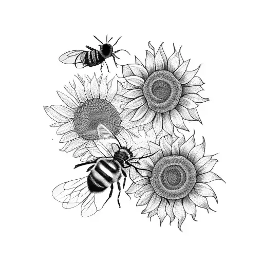 A Blackwork Tattoo Of A Bee Hive With Sunflowers Growing Around It