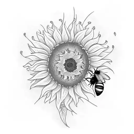 A Blackwork Tattoo Of A Bee Hive With Sunflowers Growing Around It