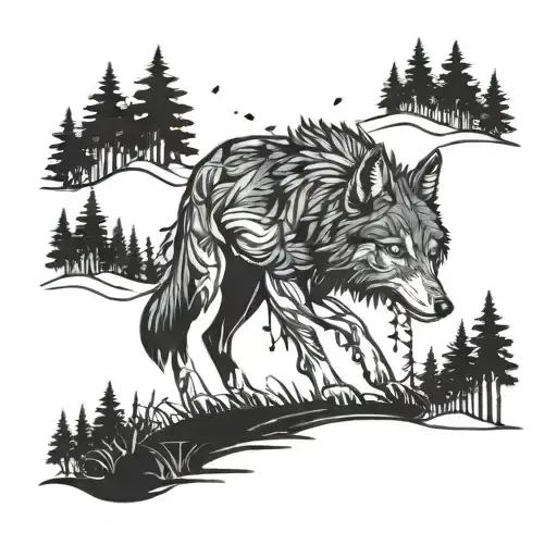 A Wolf Walking Through A Dense Forest At Night