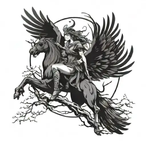 A Fierce Valkyrie Riding A Majestic Raven Through A Dark Forest