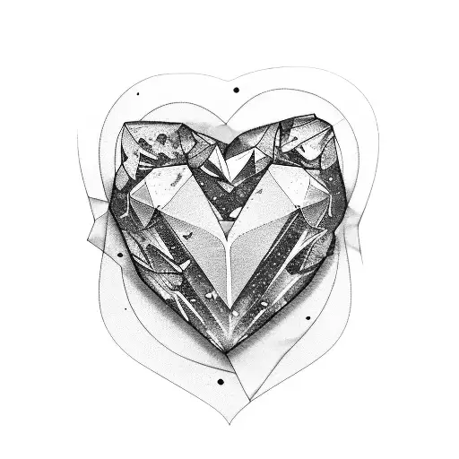 Shattered Glass Heart With Glass Gems Coming Out The Sides On A Line On The Right And Left Side