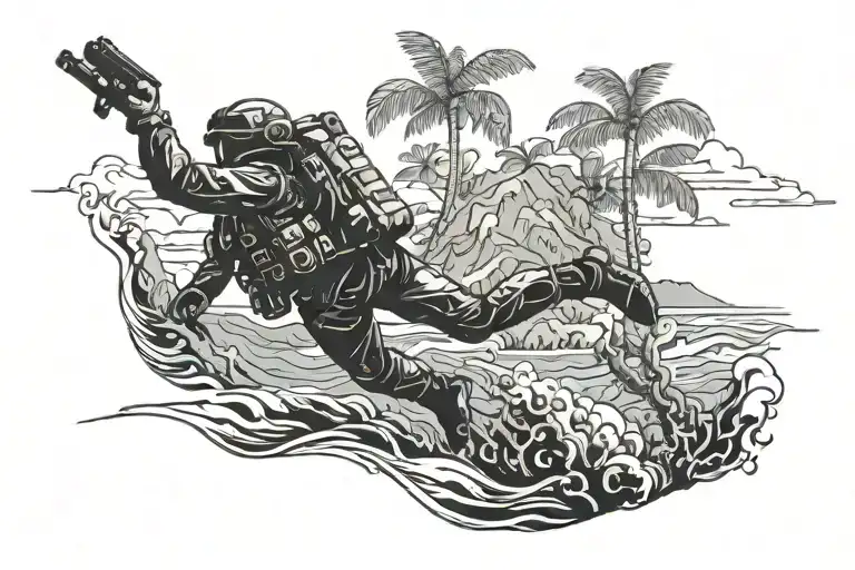 Maui Hawaii Landscape With A Silhouette Of A Marine Corps Soldier Diving Deep Into The Sea