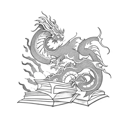 A Blackwork Tattoo Of A Majestic Japanese Dragon Flying Over A Stack Of Books