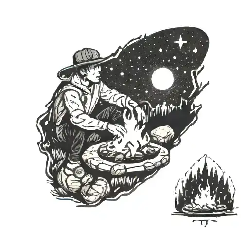 Oval Shape Guy Sitting Next To Campfire Looking At The Stars