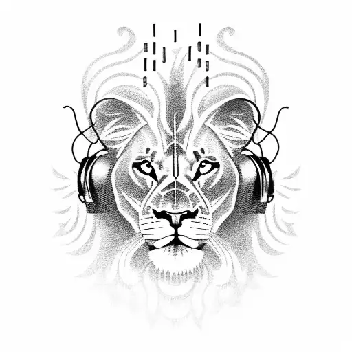 A Blackwork Tattoo Of A Majestic Lion Wearing Headphones And Surrounded By Musical Symbols
