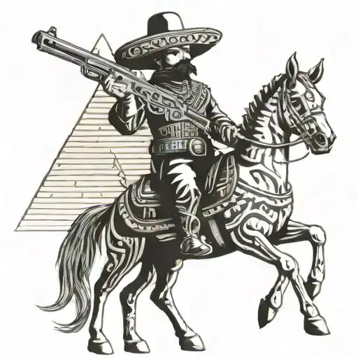 Mexican Bandito Holding A Gun And Wearing A Bullet Vest In Front Of Aztec Pyramid On A Horse