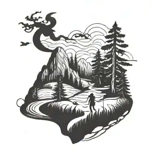 A Blackwork Tattoo Of A Trail Winding Through A Forest With A Backpacker In The Distance