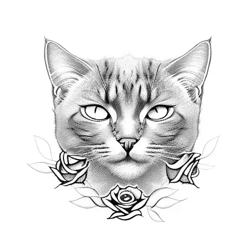 Horizontal Design Black Cat Head Surrounded By Roses