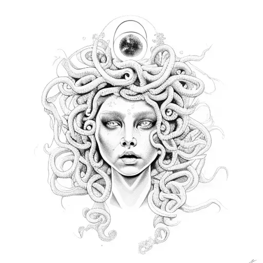 A Captivating Portrait Of Medusa With Her Dark Eyes Surrounded By Swirling Galaxies