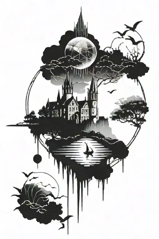 Gothic Landscape Tattoo Design Incorporating Elements Of Technology