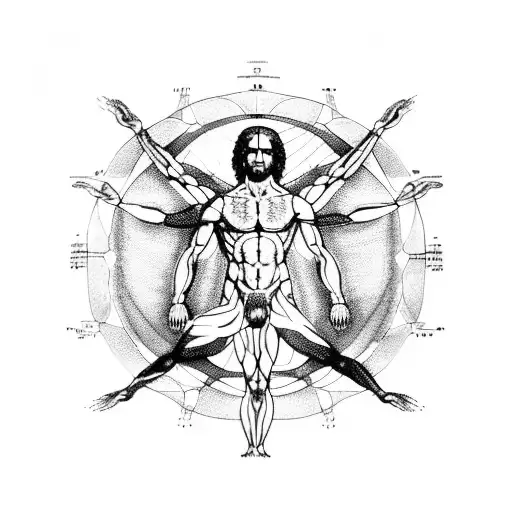 A Detailed Blackwork Tattoo Of Da Vinci's Vitruvian Man With A Galaxy Background