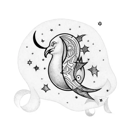 Crescent Moon With Stars And Celestial Being