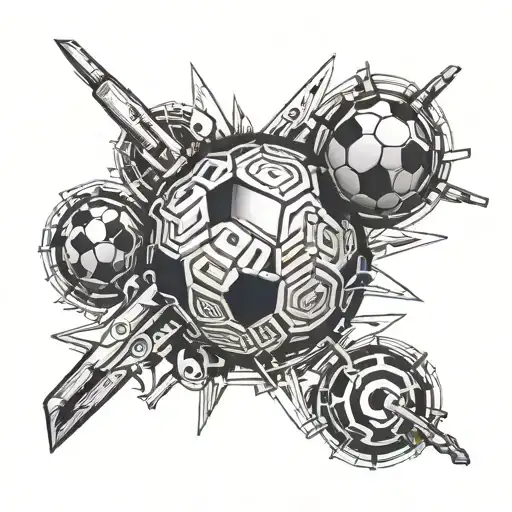 A Detailed Blackwork Tattoo Of A Soccer Ball Intertwined With Intricate Carpentry Tools