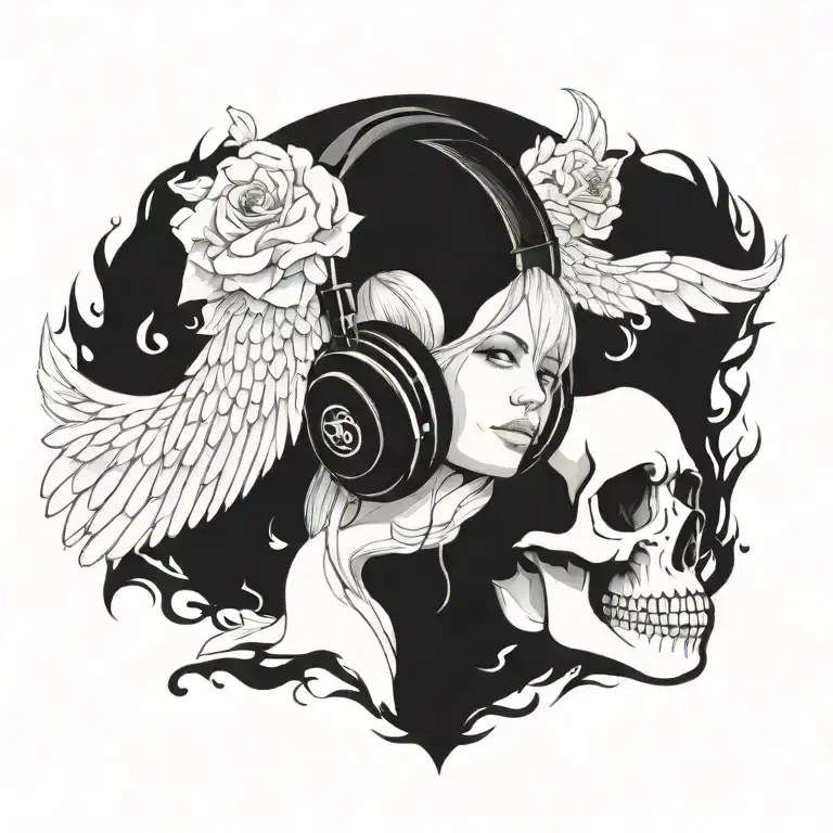 Angel Wings With Skull Wearing Headphones
