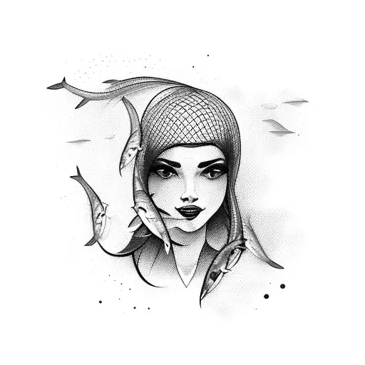 Woman Fish Caught In A Fishing Net