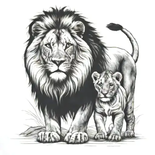 Lion And Cub Staring With Lioness