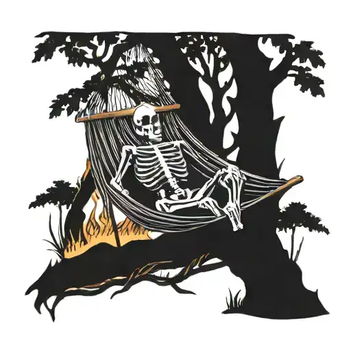 Skeleton Sleeping On Hammock Between 2 Trees On Fire