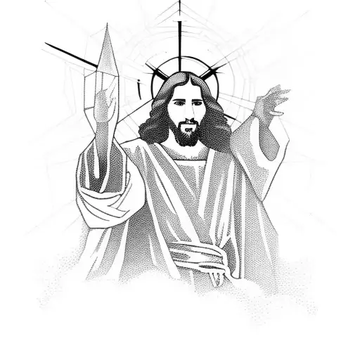 A Silhouette Of Jesus Surrounded By Geometric Video Game Symbols