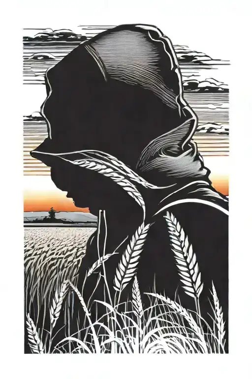 Man Wearing Hoodie With Hood Down And Field Of Wheat With Sunset And Combine In Background