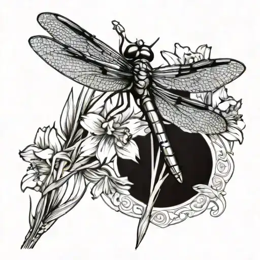 A Dragonfly Hovering Over A Field Of Daffodil Flowers