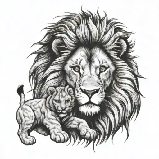 Protective Lion With Paw On Cub Looking