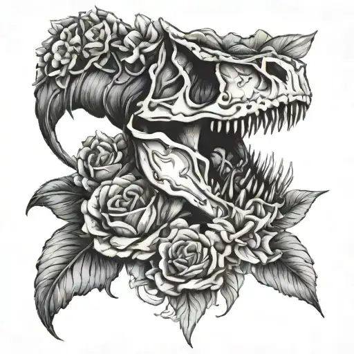 T-rex Skull And Flowers Intertwined
