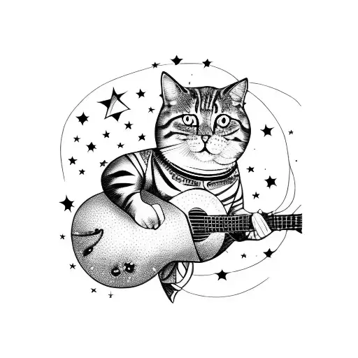 A Cosmic Cat Playing A Guitar Under A Starry Night Sky
