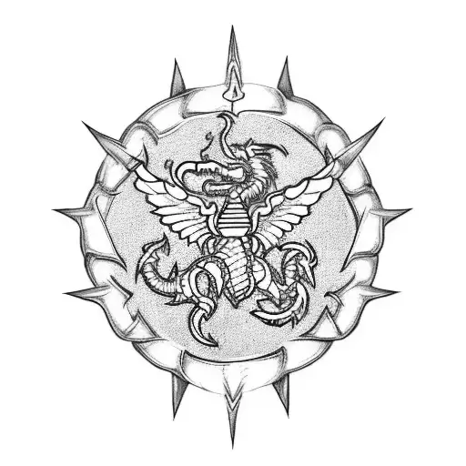 A Blackwork Tattoo Of A Marine Corps Emblem Morphing Into An Alchemical Dragon