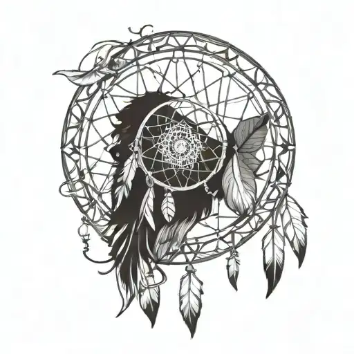 A Blackwork Style Dreamcatcher With Native American Motifs Intertwined With Subtle Anime References