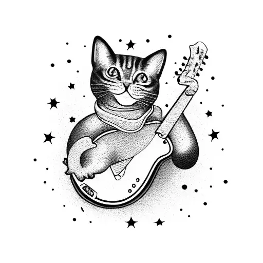 A Cosmic Cat Playing A Guitar Under A Starry Night Sky