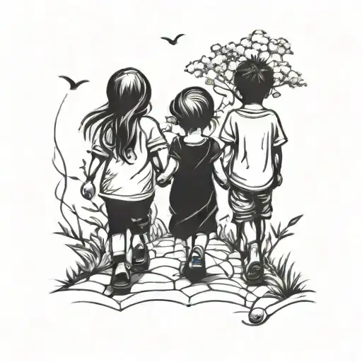 Brother Walking With Her Two Little Sisters Holding Hands