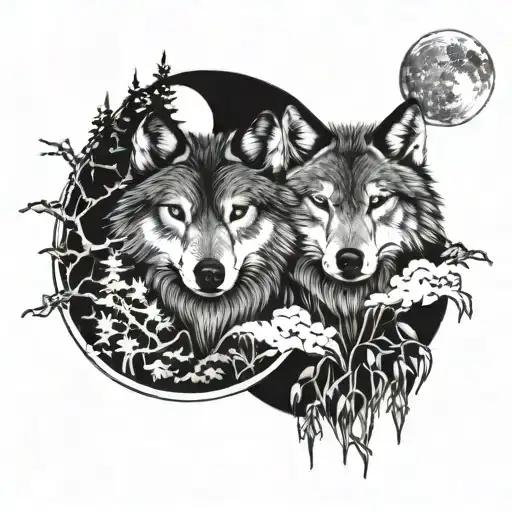 Wolves With A Moon Behind And Another Wolf With The Sun Behind Surrounded By Vegetation