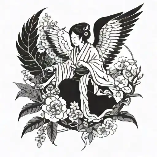 A Blackwork Design Of An Angelic Figure Surrounded By Elements Of Japanese Culture And Nature