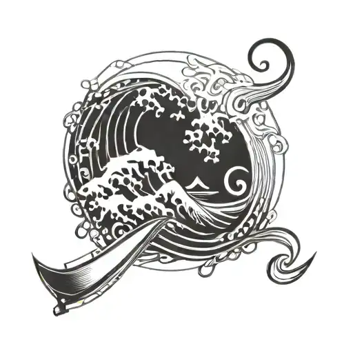 A Stylized Wave Incorporating Fishing Hooks And Surfboards