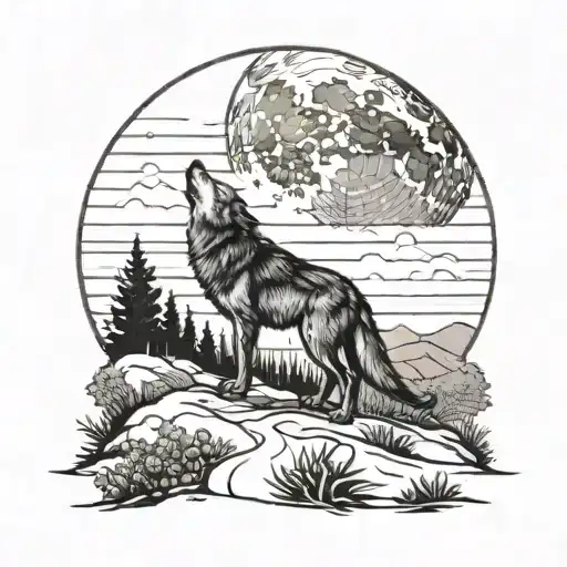 A Wolf Howling At The Moon In A Country Landscape With A Paved Road