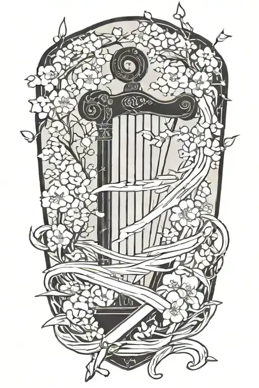 Sword And Harp With Cherry Blossoms Falling