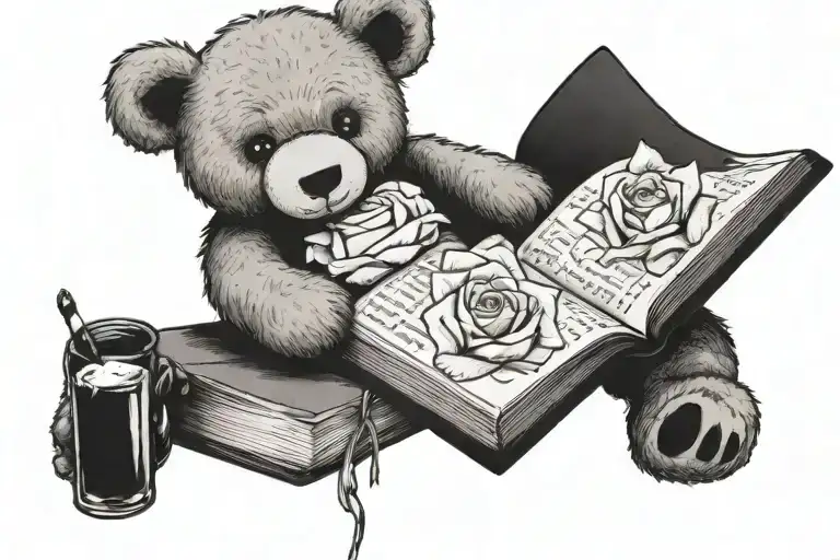 Teddy Leaning To A Book With A White Rose Laying Next To Them