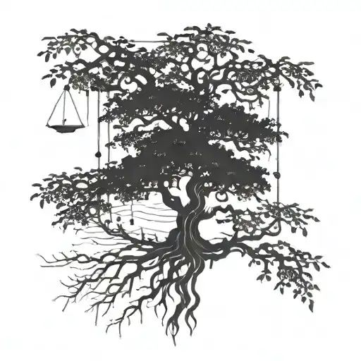 A Detailed Blackwork Tattoo Of A Majestic Tree With Fishing Hooks Hanging From The Branches